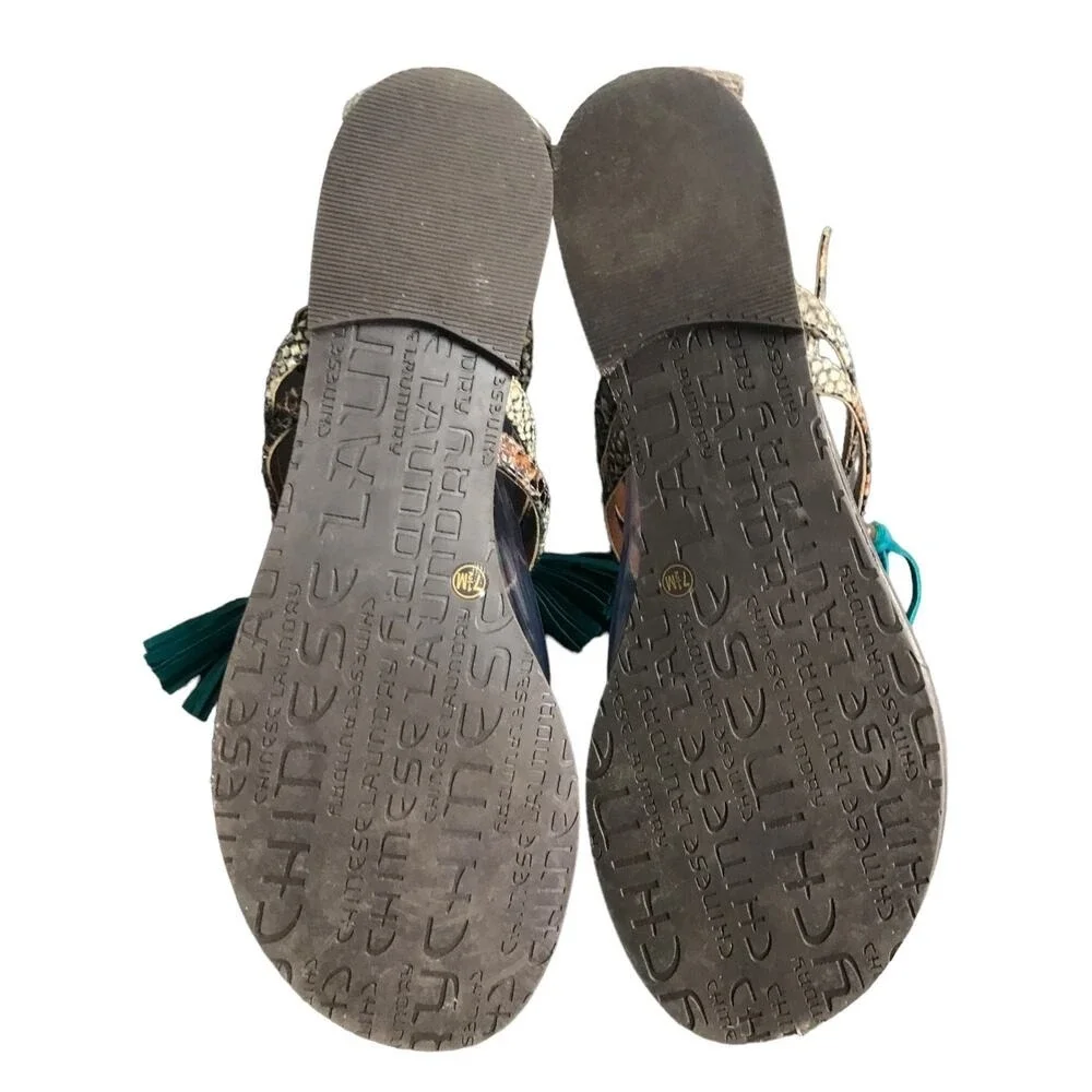 Chinese Laundry Sandals Womens 7.5 Brown Snakeskin Boho Tassel Beaded Flat Thong